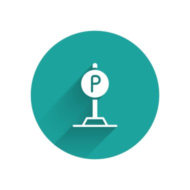White Parking icon isolated with long shadow background. Street road sign. Green circle button. Vector.