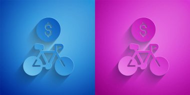 Paper cut Bicycle rental mobile app icon isolated on blue and purple background. Smart service for rent bicycles in the city. Mobile app for sharing system. Paper art style. Vector.