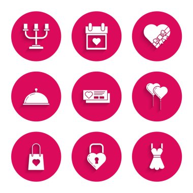 Set Ticket with heart Castle in the shape of Woman dress Balloons form ribbon Shopping bag Covered tray food Candy shaped box and bow and Candlestick icon. Vector.