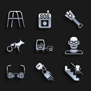 Set Disabled car Prosthesis hand elevator Poor eyesight Blind glasses Dog wheelchair leg and Walker icon. Vector.