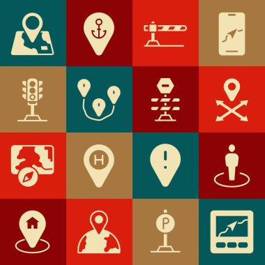 Set Gps device with map Location person Parking car barrier Route location Traffic light Folded marker and Road icon. Vector.