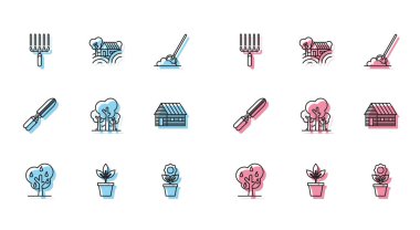 Set line Tree with pears Flowers in pot Garden rake work Trees Farm house Gardening handmade scissors for trimming and House concept icon. Vector.