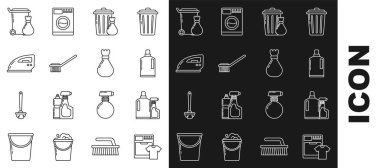 Set line Washer and t-shirt Plastic bottles for liquid dishwashing liquid Trash can garbage bag Toilet brush Electric iron and Garbage icon. Vector.
