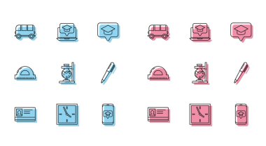 Set line Identification badge Clock School Bus Graduation cap screen smartphone Glass test tube flask fire Pen Protractor grid for measuring degrees and laptop icon. Vector.