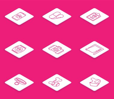 Set line Online veterinary clinic symbol Dog and pills Clipboard with medical clinical record pet Bag of food for Pet first aid kit Door Collar name tag and toys bone rubber ball icon. Vector.