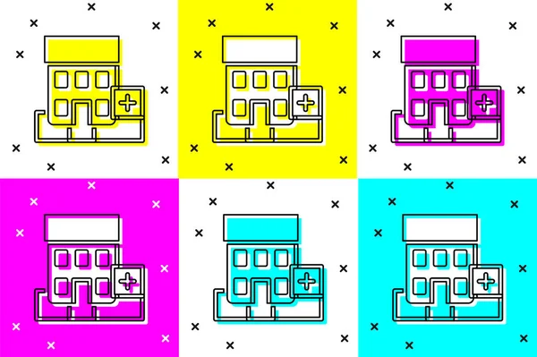 Ensemble Bâtiment Hôpital Médical Avec Icône Croix Isolé Sur Fond — Image vectorielle