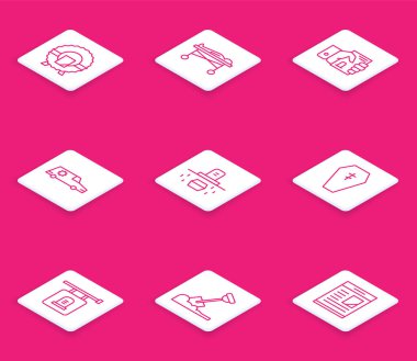 Set line Memorial wreath Dead body in the morgue Death certificate hand Hearse car Grave with coffin Coffin cross Signboard tombstone and Shovel ground icon. Vector.