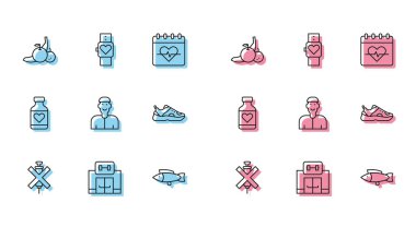Set line No doping syringe Gym building Fruit Fish Positive thinking Sport sneakers Vitamin pill and Smart watch icon. Vector.