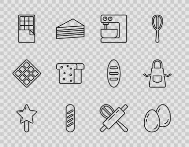 Set line Lollipop Easter eggs Electric mixer French baguette bread Chocolate bar Bread toast Kitchen whisk and rolling pin and apron icon. Vector.