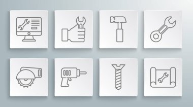 Set line Electric circular saw Wrench spanner drill machine Metallic screw Graphing paper and wrench Hammer and Computer monitor service icon. Vector.
