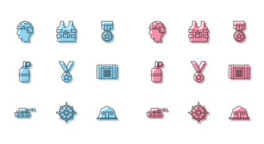 Set line Military tank Target sport Army soldier barracks reward medal Dynamite bomb Hand grenade and Bulletproof vest icon. Vector.
