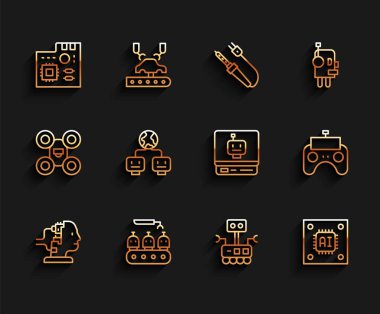 Set line Robot for maintenance Industrial production of robots Motherboard digital chip Processor with microcircuits CPU Artificial intelligence Remote control and icon. Vector.
