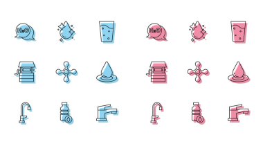 Set line Water tap Bottle of water Chemical formula for H2O drop Well with bucket and icon. Vector.