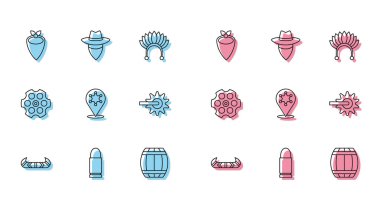 Set line Kayak or canoe and paddle Bullet Cowboy bandana Gun powder barrel Hexagram sheriff Spur Revolver cylinder and icon. Vector.