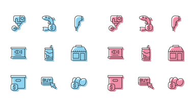 Set line Carton cardboard box with price Buy button Security camera Price tag for egg Soda can Market store Canned fish and icon. Vector.