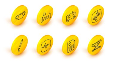 Set line Stretcher Patient record Heart rate Pipette DNA symbol Ambulance car Hospital bed and Medical protective mask icon. Vector.