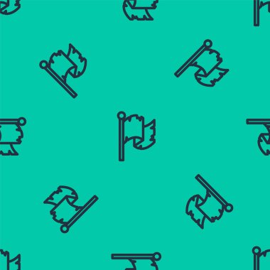 Blue line Pirate flag icon isolated seamless pattern on green background. Vector.