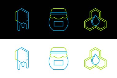 Balpeteği ve bal ikonu kavanozunu ayarla. Vektör.