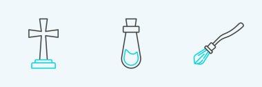 Set line Witches broom Tombstone with cross and Bottle potion icon. Vector.