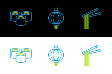 Set line Asian noodles and chopsticks Sushi and Japanese paper lantern icon. Vector.