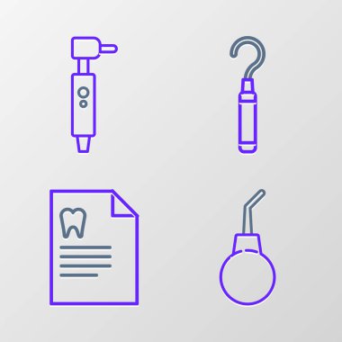 Set line Enema pear Clipboard with dental card Dental explorer scaler for teeth and Tooth drill icon. Vector.