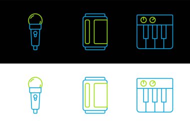 Set line Music synthesizer Microphone and Beer can icon. Vector.