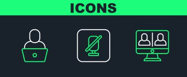 Set line Video chat conference Freelancer and Mute microphone icon. Vector.