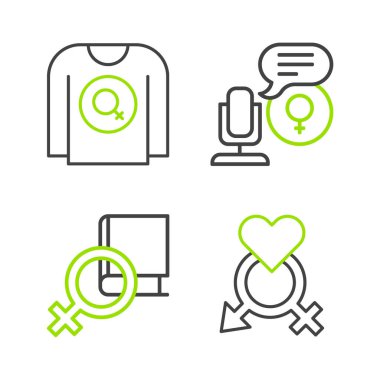 Set line Gender Book about women Microphone and Feminist shirt icon. Vector.