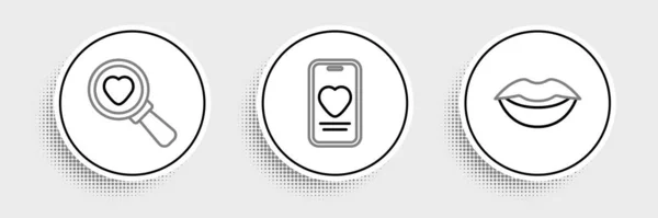 Set Line Smiling Lips Search Heart Love Online Dating App — Stock vektor
