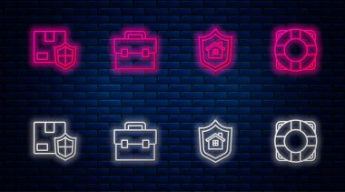 Set line Briefcase, House with shield, Delivery security and Lifebuoy. Glowing neon icon on brick wall. Vector.