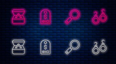 Set line Price tag with dollar, Magnifying glass, Diamond engagement ring box and Earrings. Glowing neon icon on brick wall. Vector.