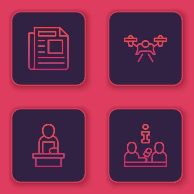 Set line News Breaking news Drone and Interview. Blue square button. Vector.