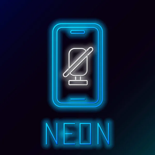 Zářící Neonová Linka Ztlumení Mikrofonu Ikoně Mobilního Telefonu Izolované Černém — Stockový vektor