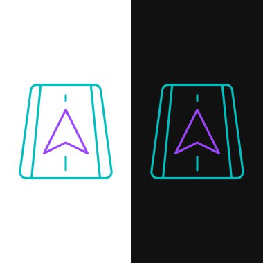 Şehir haritası gezinme simgesinin çizgi bilgileri beyaz ve siyah arkaplanda izole edildi. Mobil Uygulama Arayüzü tasarımı. Coğrafi konsept. Renkli taslak konsepti. Vektör.