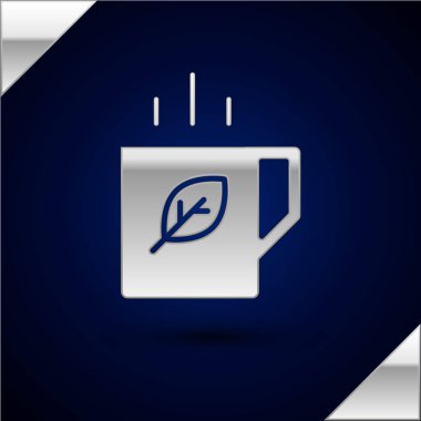 Koyu mavi arka planda gümüş çay ve yaprak ikonu. Vektör.