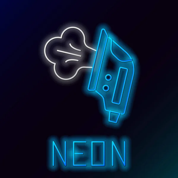 Gloeiende Neon Lijn Elektrisch Ijzeren Pictogram Geïsoleerd Zwarte Achtergrond Stoomstrijkijzer — Stockvector