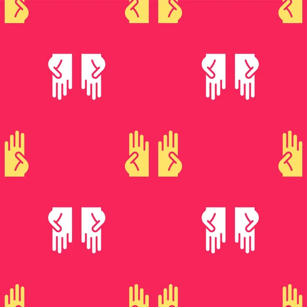 Yellow Rubber Gloves Icon Isolated Seamless Pattern Red Background Latex — Stok Vektör