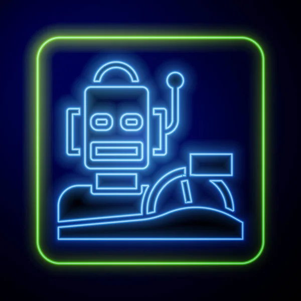Žhnoucí Neonový Robot Humanoid Řídí Ikonu Auta Izolovanou Modrém Pozadí — Stockový vektor
