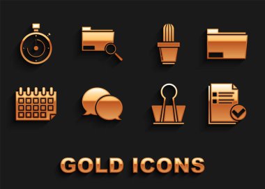 Konuşma baloncuğu sohbet belge klasörünü ayarlayın ve işaretli Binder klipsi Kaktüs sulu tencere çanağı ve Arama konseptini simgeyle işaretleyin. Vektör.