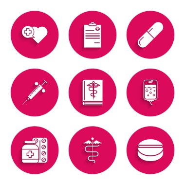 Tıp kitabı Caduceus yılan tıbbi sembolü ilaç hapı ya da tablet IV çanta şişesi ve haç ikonlu ilaç şırıngası ve kalp hazırlayın. Vektör.