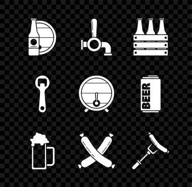 Bira şişesi ve ahşap fıçı bira şişesi paketi çatal şişe açacağına çapraz sosis ve durdurma ikonuyla ahşap rafa koyun. Vektör.