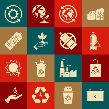 Plastik geri dönüşüm şişesi olan araba aküsünü geri dönüşüm kutusuyla ayarla. Dünya Gezegeni ve çevre korumasının geri dönüşüm fabrikası elini okyanus kirliliğini önle güneş enerjisi panelini durdur ve simge yok. Vektör.
