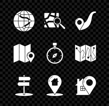 Konumu, konum işaretleyici yol trafik işaretli harita işaretli harita işaretli ev ve pusula simgesi ile birlikte dünya üzerinde belirleyin. Vektör.