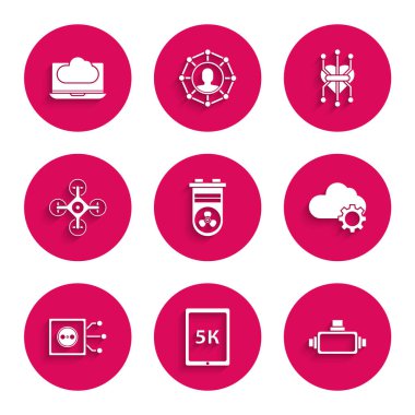 Video grafik kartı tabletini metin 5k Sanal gerçeklik gözlükleri ile ayarla. Bulut teknolojisi veri transferi ve uzaktan kumanda Drone işlemcisi ve simgesi depolama. Vektör.