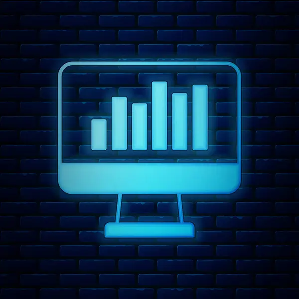 Glowing Neon Computer Monitor Graph Chart Icon Isolated Brick Wall — Stock Vector