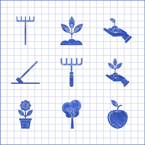 Set Jardin Râteau Pommier Plante Main Protection Environnement Travail Pot — Image vectorielle
