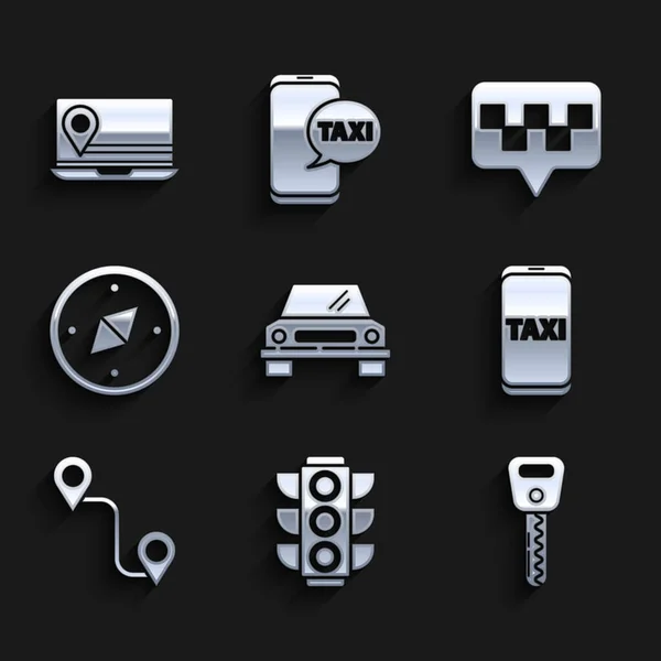 Définir Voiture Feux Circulation Clé Taxi Appeler Service Téléphonique Emplacement — Image vectorielle