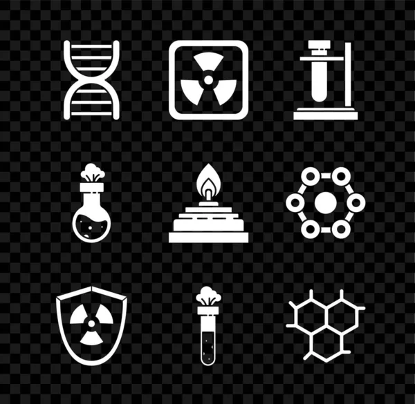 Set Dna Symbol Radioactive Frasco Tubo Ensayo Soporte Escudo Químico — Archivo Imágenes Vectoriales