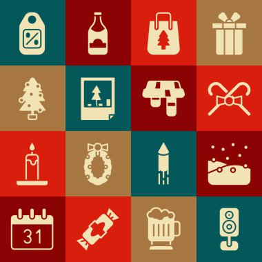 Stereo hoparlörünü Satış ve Kış eşarbı ikonlu Kartopu Noel şekeri alışveriş çantası kartpostal etiketi olarak ayarla. Vektör.