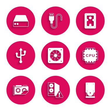 Bilgisayar soğutucu vakası olan Optik disk sürücü işlemcisini CPU Video grafik kartı USB sabit disk HDD ve Sunucu Veri Sunucu simgesi ile ayarla. Vektör.